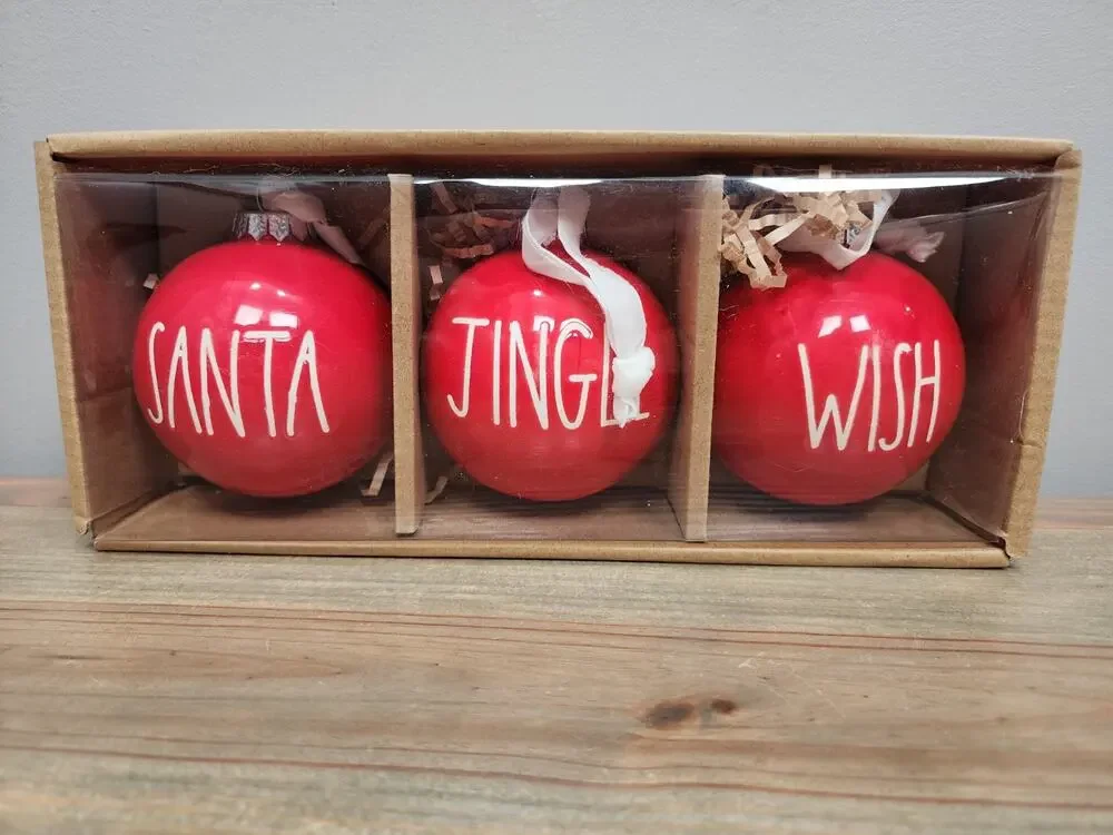 RAE DUNN~RED ORNAMENTS 3 PIECE SET~(JINGLE-SANTA-WISH)